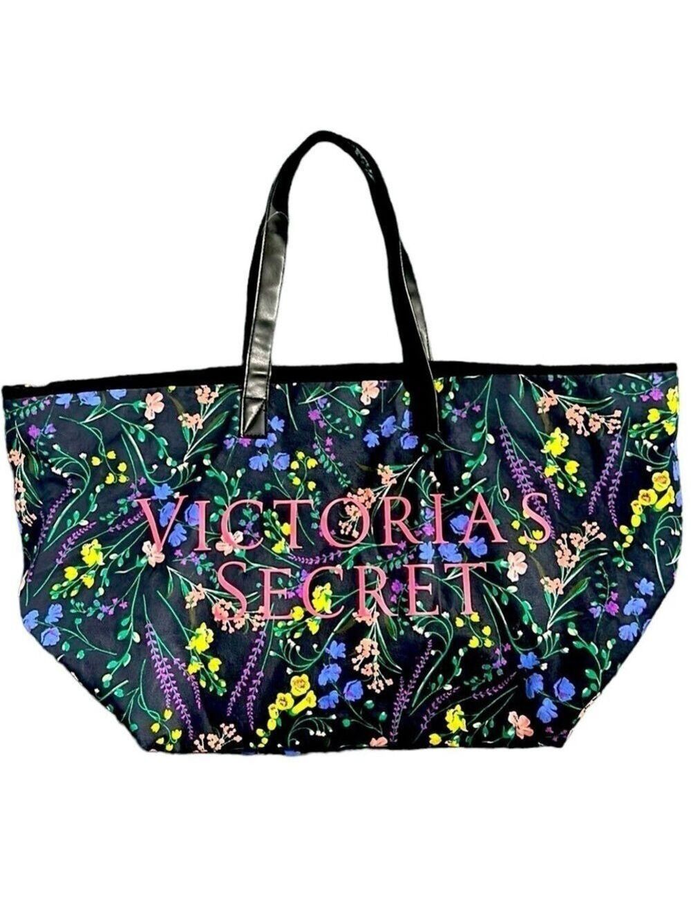 Victoria's Secret Canvas Weekender Tote Bag Black Multicolor Floral Print NEW